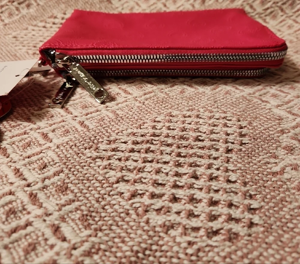 Betsey Johnson Red Faux Leather Double Zip Wristlet Embossed Hearts NWT